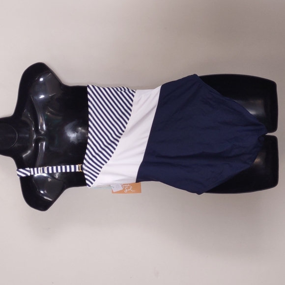 Kona Sol One Shoulder Striped One Piece Swimsuit Navy White - Picture 6 of 9